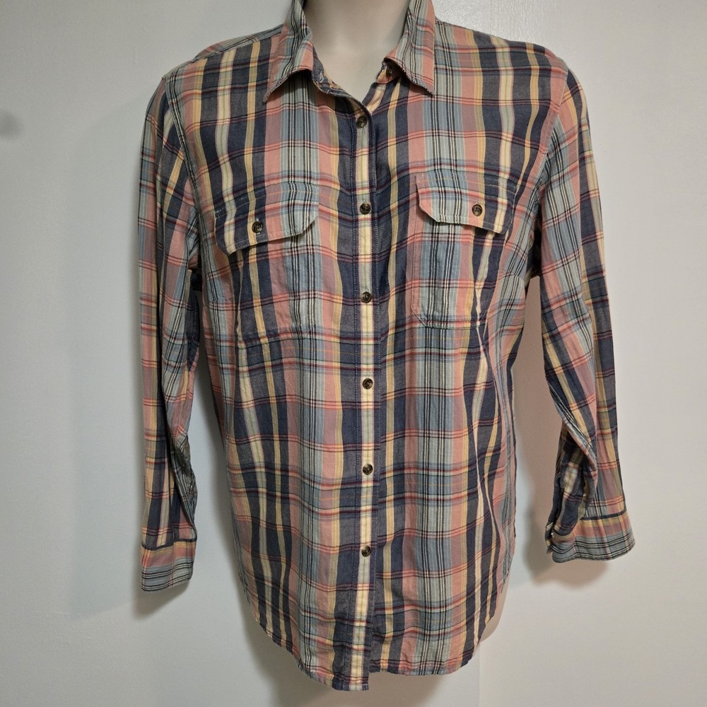 Chaps Plus 2X Pink Pastel Cotton Plaid Cottage Relaxed Weekend Blouse Pockets